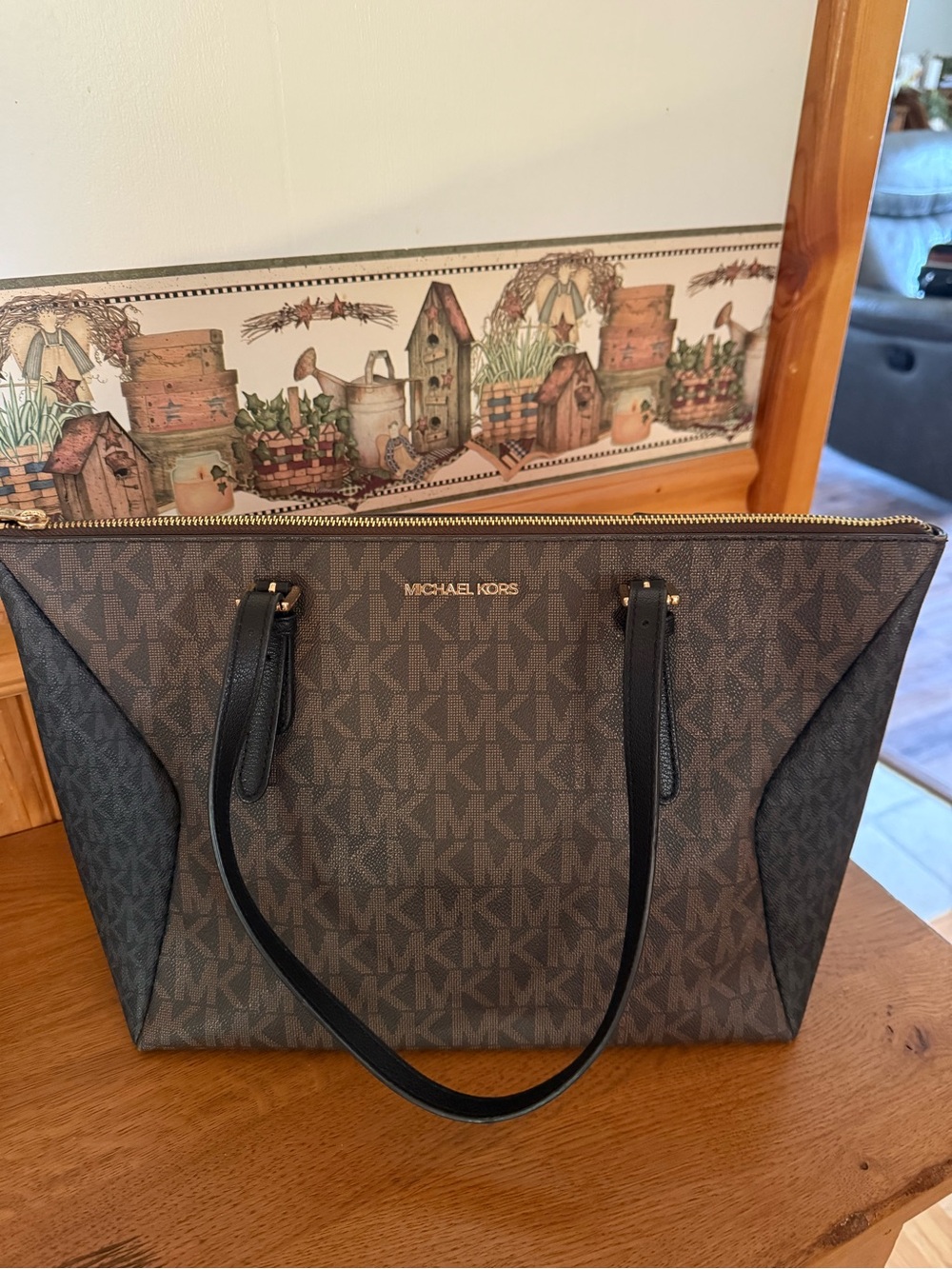 Michael Kors Brown MK Monogram Tote with Black Straps